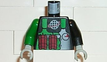 973pb0219c01 - Torso Alpha Team Logo Green Vest, Dynamite Pattern / Black Arm Left / Green Arm Right / Light Gray Hands