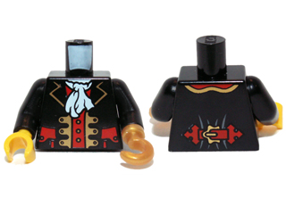 973pb0524c01 - Torso Pirate Captain Jacket Open with Gold Trim and Red Pockets over Red Shirt, White Ascot Pattern / Black Arms / Pearl Gold Hook Left / Yellow Hand Right