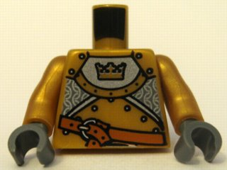 973pb0569c01 - Torso Castle Fantasy Era Gold Knight Armor with Crown, Dark Orange Belt with Silver Buckle Pattern / Pearl Gold Arms / Dark Bluish Gray Hands