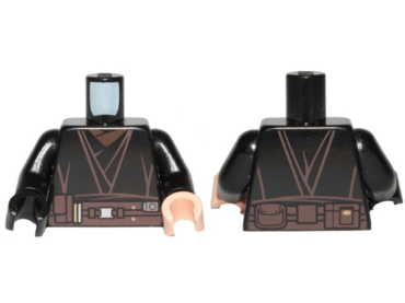 973pb1058c01 - Torso SW Jedi Robe, Dark Brown Belt with Pouches, Silver Buckle, Reddish Brown Shirt Pattern / Black Arms / Light Nougat Hand Left / Black Hand Right