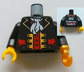 973pb1123c01 - Torso Pirate Captain Jacket Open with Gold Trim and Red Pockets over Red Shirt, White Ascot, 2012 The LEGO Store Nashville, TN Back Pattern / Black Arms / Pearl Gold Hook Left / Yellow Hand Right