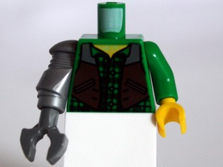 973pb1207c01 - Torso Checkered Shirt and Dark Brown Vest Pattern (Jack McHammer) / Green Arm and Yellow Hand Left / Flat Silver Mech Arm and Dark Bluish Gray Claw Right
