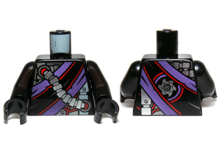 973pb1576c01 - Torso Ninjago Robe with Purple and Black Sash, Mechanical Parts and Silver Saw Blade Emblem Pattern / Black Arms / Black Hands