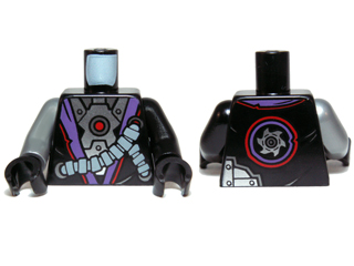 973pb1579c01 - Torso Ninjago Robe with Purple Sash, Mechanical Parts and Silver Saw Blade Pattern / Black Arm Left / Flat Silver Arm Right / Black Hands