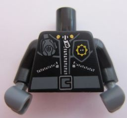 973pb1598c01 - Torso Police 3 Zippers, Minifigure Head Badge, Radio and Belt Pattern (Pattern on Front Only) / Black Arms / Dark Bluish Gray Hands