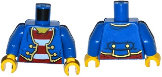 973pb1908c01 - Torso Pirate Jacket Open with Gold Trim over Shirt with Red and White Horizontal Stripes, Yellow Neck Pattern / Blue Arms / Yellow Hands