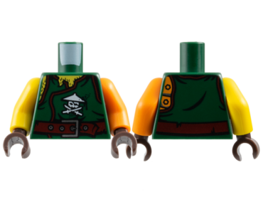 973pb2305c01 - Torso Ninjago Robe with Ninja Skull with Crossed Swords, Chest Hair and Dark Red Belt Pattern / Orange Arm Left / Yellow Arm Right / Dark Brown Hands