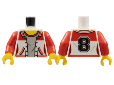 973pb2626c01 - Torso Female Jacket Open, Light Bluish Gray Shirt with Red Collar, Yellow Neck, Black Number 8 on Back Pattern / Red Arms / Yellow Hands
