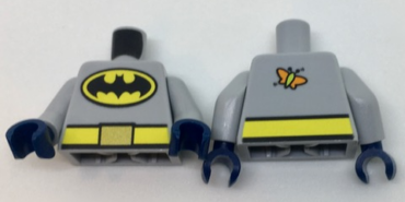 973pb2679c01 - Torso Batman Logo in Yellow Oval, Yellow Belt with Gold Buckle, Orange and Lime Moth on Back Pattern / Light Bluish Gray Arms / Dark Blue Hands