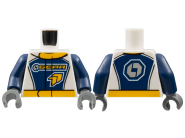 973pb2684c01 - Torso Racing Suit with 'GEAR' Racing Team Logo on Front and Gear on Back Pattern / Dark Blue Arms / Dark Bluish Gray Hands