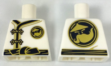 973pb2784 - Torso Ninjago Robe with Gold Frog Clasps, Black Sash and Gold Sensei Wu Emblem Front and Back Pattern