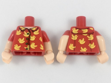 973pb2942c01 - Torso Shirt with Light Nougat Neck, 4 Buttons, Bright Light Orange Birds Pattern / Light Nougat Arms with Molded Red Short Sleeves Pattern / Light Nougat Hands