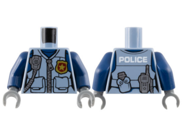 973pb3010c01 - Torso Female Police Flak Vest Closed with Silver Zipper and Gold Badge over Dark Blue Shirt, Radio, Canteen, White 'POLICE' on Back Pattern / Dark Blue Arms / Dark Bluish Gray Hands