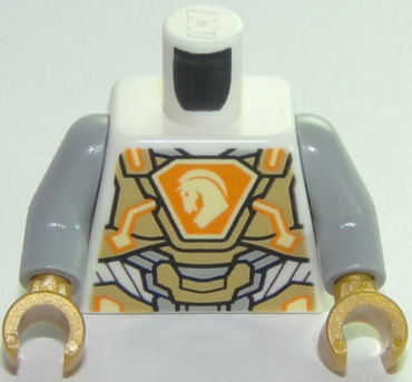 973pb3047c01 - Torso Nexo Knights Armor, Gold Panels, Orange Emblem, Yellow Horse Head Pattern / Light Bluish Gray Arms / Pearl Gold Hands