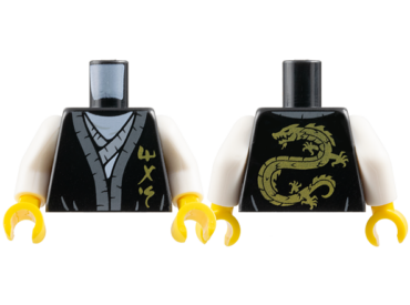 973pb3398c01 - Torso Robe with Dark Bluish Gray Hem, Gold Ninjago Logogram 'MAS', Light Bluish Gray Tunic Pattern / White Arms / Yellow Hands