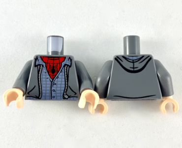 973pb3511c01 - Torso Jacket with Hood, Silver Zipper, Sand Blue Shirt, Red Undershirt with Black Spider and Webs Pattern / Dark Bluish Gray Arms / Light Nougat Hands