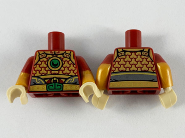 973pb3652c01 - Torso Armor with Gold Trim, Green Circle and Buckle Pattern / Pearl Gold Arms with Molded Dark Red Short Sleeves Pattern / Tan Hands