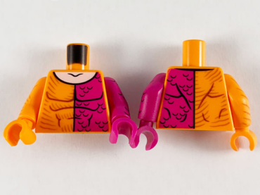 973pb3744c01 - Torso Super Hero Muscles Outline, Magenta Left Side with Scales, Light Nougat Neck Pattern / Magenta Arm Left with Black Scales Pattern / Orange Arm Right with Brown Stripes Pattern / Magenta Hand Left / Orange Hand Right