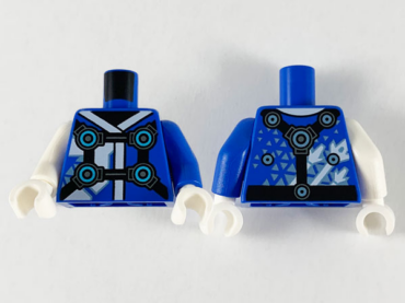 973pb3764c01 - Torso Tunic, White Hems, Black Straps, Medium Azure Circles Pattern / Blue Arm Left / White Arm Right / White Hands