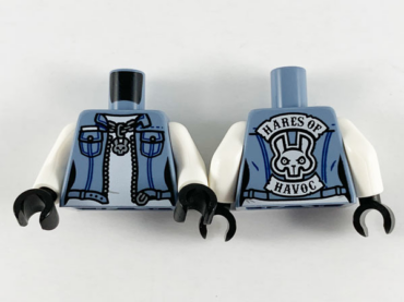 973pb3777c01 - Torso Female Denim Jacket and Silver Zipper and Chain with Rabbit Pendant, 'HARES OF HAVOC' on Back Pattern / White Arms / Black Hands