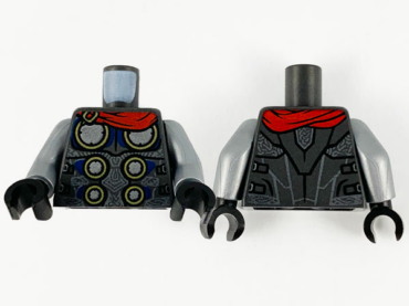 973pb3928c01 - Torso Armor with 6 Metallic Silver Disks with Gold Edge, Red Cape and Detailed Back Pattern / Flat Silver Arms / Black Hands