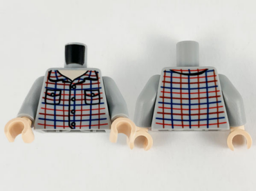 973pb3960c01 - Torso Shirt with Buttons, Collar and Pockets, Red, Dark Red and Dark Blue Plaid Lines Pattern / Light Bluish Gray Arms / Light Nougat Hands