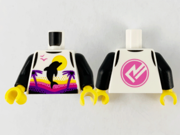 973pb4133c01 - Torso Female Wetsuit with Yellow Sun, Black Dolphin, Dark Purple Palm Trees, Dark Pink Logo on Back Pattern / Black Arms / Yellow Hands