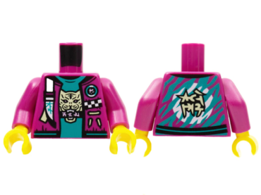 973pb4216c01 - Torso Jacket with White Strap and Checkered Badge, Dark Turquoise Shirt with Tan Tiger Head, Stripes and Circle on Back Pattern / Magenta Arms / Yellow Hands