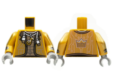 973pb4228c01 - Torso Jacket, White USB Cable Necklace with Music Note and Silver Circuitry, Crown on Back Pattern / Pearl Gold Arms with Cuff and Silver Circuitry / Flat Silver Hands