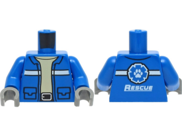 973pb4351c01 - Torso Jacket with Pockets, White Stripes and Silver Belt Buckle and Wildlife Rescue Logo with Paw Print on Back Pattern / Blue Arms / Dark Bluish Gray Hands