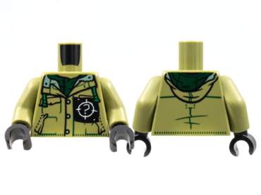 973pb4490c01 - Torso Button Up Shirt with Hood, Open Collar, Dark Green Trim, White '?' on Black Pocket Patch Pattern / Olive Green Arms / Black Hands