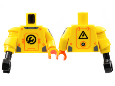 973pb4559c01 - Torso Armor Black Wrench, Orange Panel Lines Pattern / Yellow Arm Left with Black 'S' Pattern and Orange Hand / Yellow Mech Arm and Black Claw Right