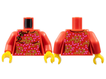 973pb4620c01 - Torso Dress Dark Pink Flowers, Gold Branches Pattern (BAM) / Red Arms / Yellow Hands