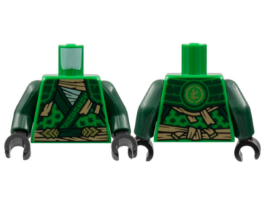973pb4792c01 - Torso Tunic, Dark Green Hems and Shoulder Pads, Tan Tattered Scarf and Sash, Gold Ninjago Logogram Letter L on Back Pattern / Dark Green Arms / Black Hands