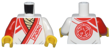 973pb5051c01 - Torso Robe with Red Trim, Lines, and Ninjago Logogram 'DOJO' over Tan Shirt, Core Logo on Back Pattern / White Arm Left / Red Arm Right / Yellow Hands