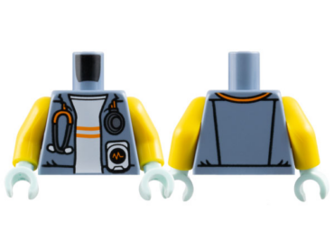 973pb5668c01 - Torso Jacket Open with Silver and Orange Stethoscope over White Shirt with Stripes Pattern / Yellow Arms / Light Aqua Hands