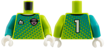 973pb6605c01 - Torso Jersey, Dark Turquoise Triangles, Metallic Pink Badge, White Sports Mountain Logo and 1 on Back Pattern / Lime Arm Left / Dark Turquoise Arm Right / White Hands