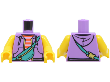 973pb6665c02 - Torso Hoodie Open with Drawstrings, Pockets and Gold Zipper, Reddish Orange and Bright Pink Striped Shirt, Dark Turquoise Shoulder Bag Pattern / Yellow Arms / Yellow Hands (BAM)