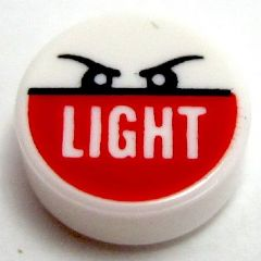 98138pb052 - Tile, Round 1 x 1 with 'LIGHT' on Red Background and Black Angry Eyes Pattern