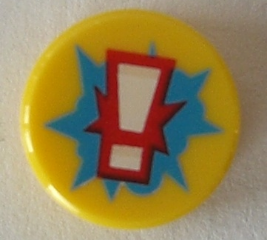 98138pb068 - Tile, Round 1 x 1 with White Exclamation Mark on Red and Dark Azure Starburst Explosion Pattern
