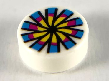 98138pb119 - Tile, Round 1 x 1 with Yellow, Magenta and Dark Azure Flower and Chinese Pellet Drum Pattern