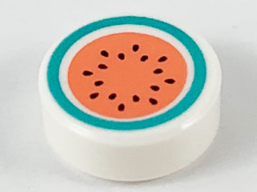 98138pb126 - Tile, Round 1 x 1 with Coral Watermelon with Dark Turquoise Rind and Black Seeds Pattern