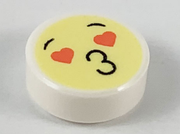 98138pb128 - Tile, Round 1 x 1 with Emoji, Bright Light Yellow Face, Black Eyebrows, Coral Heart Eyes, and '3' Puckered Lips Pattern