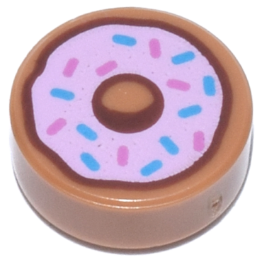 98138pb182 - Tile, Round 1 x 1 with Donut / Doughnut with Bright Pink Frosting and Dark Azure and Dark Pink Sprinkles Pattern