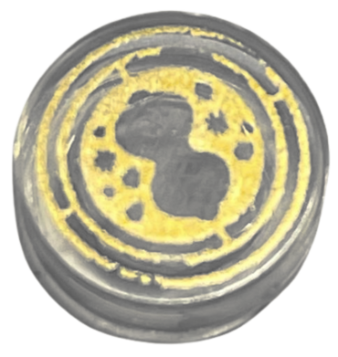 98138pb285 - Tile, Round 1 x 1 with Hourglass and Circles on Gold Background Pattern (HP Time Turner)