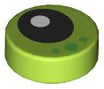 98138pb409 - Tile, Round 1 x 1 with Black Eye with White Pupil and 3 Bright Green Dots Pattern