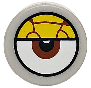 98138pb423 - Tile, Round 1 x 1 with White Eye with Centered Reddish Brown Iris and Partially Closed Yellow Bloodshot Eyelid Pattern