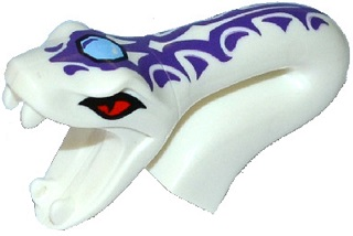 98154pb02 - Minifigure, Head, Modified Snake Long Neck with Open Mouth with Red Eyes, Bright Light Blue Gem and Dark Purple Tribal Symbol Tattoos Pattern