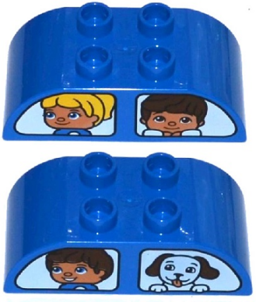 98223pb006 - Duplo, Brick 2 x 4 Slope Curved Double with White Vehicle Windows with Boy and Dog / Girl and Boy Pattern
