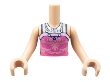 FTGpb215c01 - Torso Mini Doll Girl Dark Pink Top with Bright Pink Filigree, Dark Blue Straps, 2 Silver Necklaces Pattern, Light Nougat Arms with Hands